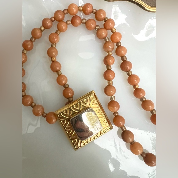 Vintage Peach Fuzz Glass Beads 22” Mirrored Tin Statement Necklace 1960’s MCM - Picture 3 of 8